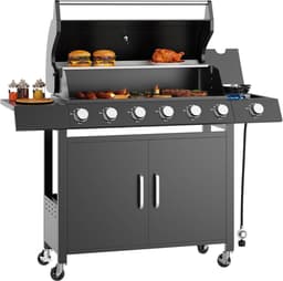 Propaanbarbecue met 6 hoofdbranders en 1 roestvrijstalen zijbrander – barbecuewagen van 60.000 BTU – voorzien van warmhoudrek, onderkast en 2 zwenkwielen met rem – geschikt voor in de tuin, op het terras en op de camping — thumbnail 1