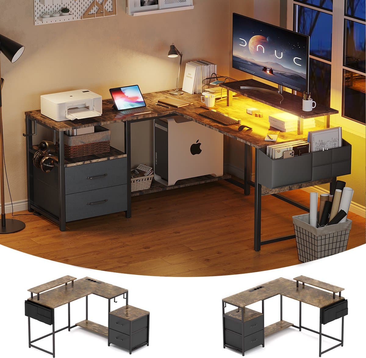 Gaming Bureau met LED Verlichting - 120x120x75cm - L-Vormig Game Bureau met Stopcontact - 2 Non Woven Lade - Gaming Desk - Computer Tafel - Gaming Tafel - Bureau voor Gamen, Studeren en Werken - Vintage Bruin — afbeelding 1