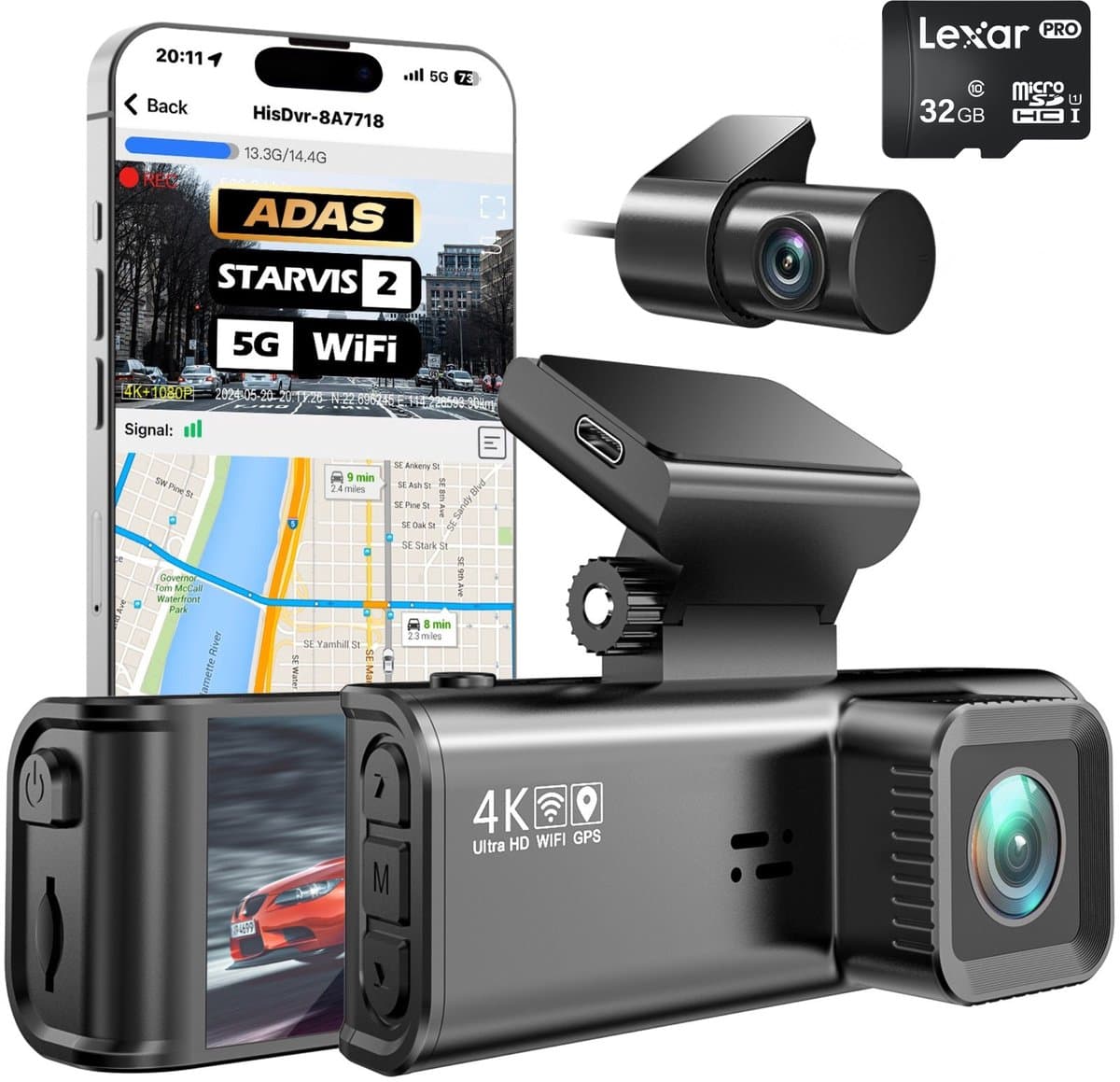 SyncGear 4K Dashcam Inclusief SD Kaart - Nieuw 2026 - Met 2K Achter Camera - Wifi & GPS - Ingebouwde ADAS - WDR — afbeelding 1