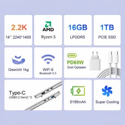 Ninkear S14 Laptop 14 inch – AMD Ryzen 5 7535HS – 16GB LPDDR5 – 1TB NVMe SSD – 60Wh accu – WiFi 6 – Fingerprint – Windows 11 – 2.2K 16:10-Zilver — thumbnail 2