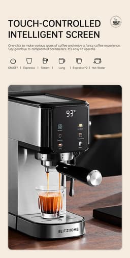 BlitzHome CM5105 Halfautomatische Espressomachine 20 Bar 1350W Touchscreen Tassenwarmer 1L Waterreservoir Zilver — thumbnail 3