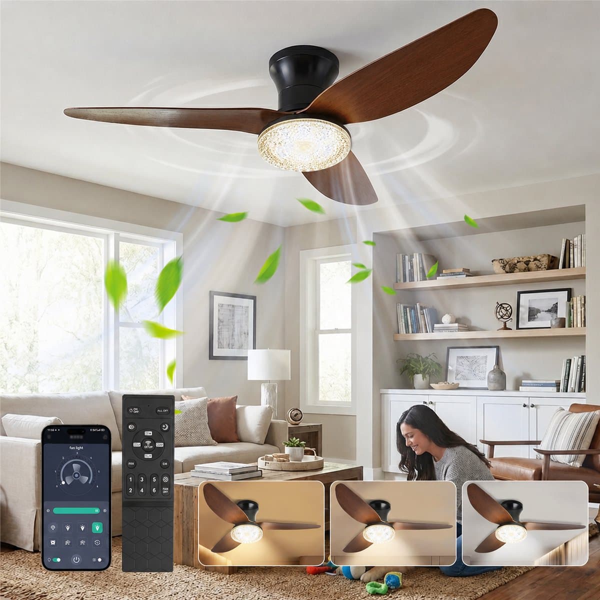 Rosnek Plafondventilator met Verlichting Hout & Kristal - 100 cm Stille DC Motor - Dimbare LED Plafondlamp met Ventilator - Zomer- en Winterstand - Luxe Ventilatorlamp voor Woonkamer, Slaapkamer & Terras — afbeelding 1