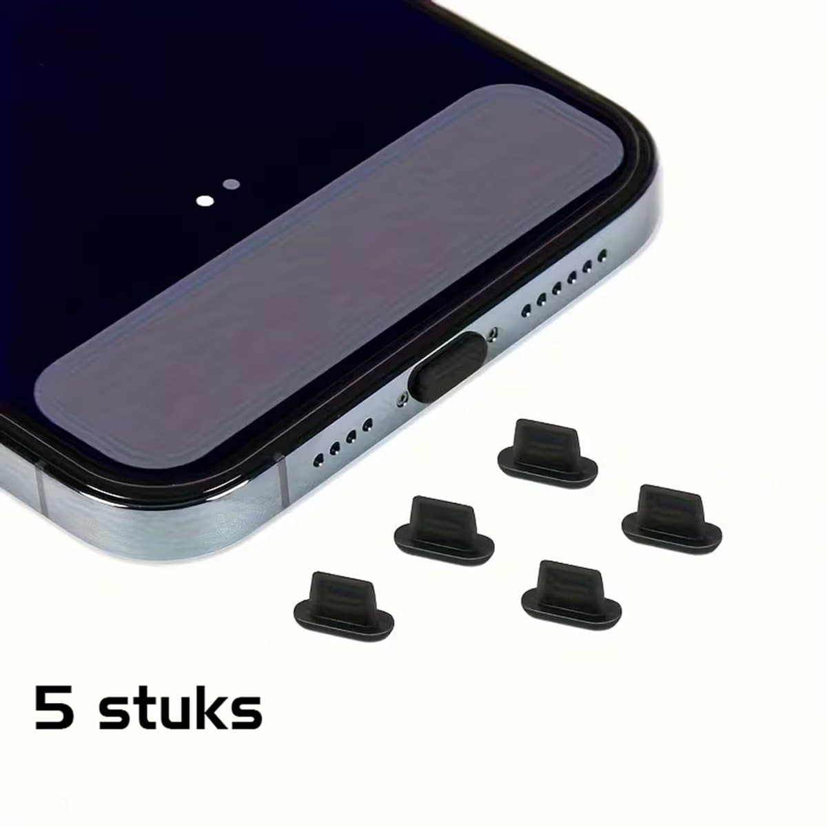 DW4Trading Siliconen Stofpluggen 5 Stuks Voor Lightning Aansluitingen, Ideaal Voor Iphones, Ipads en Airpods - Zwart — afbeelding 1