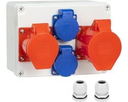 Wandmontage verdeeldoos met IP54 Schuko stopcontacten en 16A/32A CEE aansluiting, robuuste bouwverdeeldoos voor stroomdistributie en buitengebruik