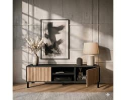 TV Meubel 150x38x44,5 cm Staand met Deur en Open Vakken – Modern TV Dressoir in Anthraciet Wit Geribbeld met Kabelmanagement voor 50–70 Inch Televisies – Urbanhome