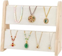 Houten kettinghouder met 2 niveaus voor sieraden, organiseer tot 34 kettingen in stijl, beige kleur — thumbnail 1