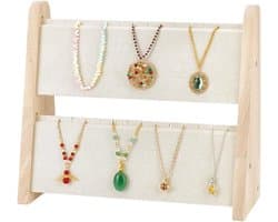 Houten kettinghouder met 2 niveaus voor sieraden, organiseer tot 34 kettingen in stijl, beige kleur