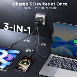 USB-C-oprolbare oplader 65 W, oprolbare oplaadkabel, voedingsadapter (inclusief kabel), 3 poorten, oprolbare oplader, snellader Geschikt voor op reis — thumbnail 3