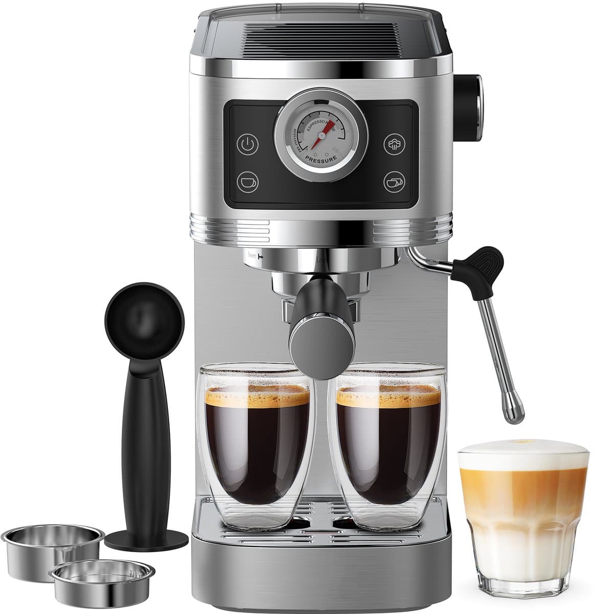 AIMASON CM1660 20 bar Italiaanse pompdruk espressomachine - 1350W hoog rendement professionele koffiemachine voor thuis - 1,3L watertank - met stoompijp, manometer en instelbare uittreedhoeveelheid - RVS — afbeelding 1