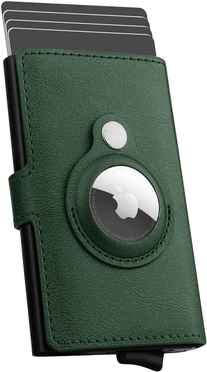 Slimme RFID Kaart Houder met AirTag Compatibiliteit, Leer, Metalen Pop-Up Case, Unisex, Tot 6 Kaarten, Donkergroen, Veilig en Modern — afbeelding 1