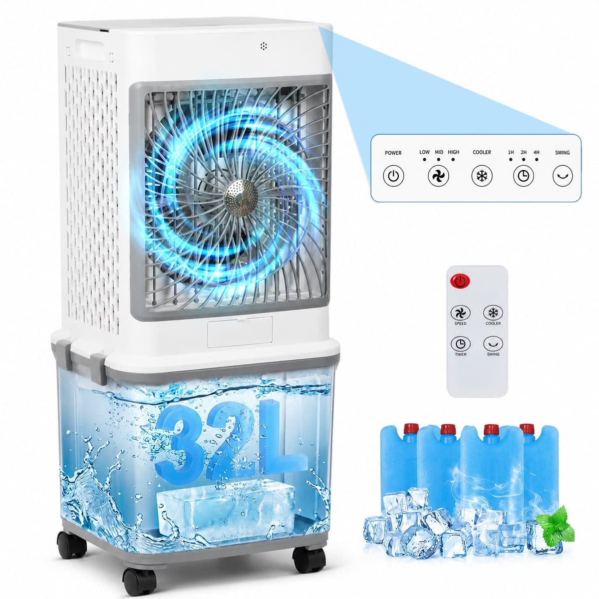 Rosnek 4-in-1 Mobiele Airco Zonder Afvoerslang & Luchtkoeler - XXL 32L Watertank - Aircooler met Aromatherapie, Afstandsbediening & 4 Koelelementen - Stil (50dB) - Voor Woonkamer & Slaapkamer - Wit/Grijs — afbeelding 1