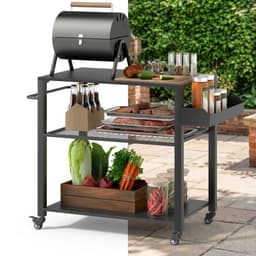 Buitenkeuken op Wielen – BBQ Trolley – Met Opbergkast & Planken – Werktafel voor Buiten – Hout & Metaal – Multifunctioneel – Zwart — thumbnail 1