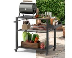 Buitenkeuken op Wielen – BBQ Trolley – Met Opbergkast & Planken – Werktafel voor Buiten – Hout & Metaal – Multifunctioneel – Zwart