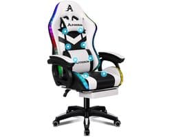 Gamestoel, 12 RGB LED-kleurenafstandsbediening, armleuningen met schuifrail, intrekbare voetsteun, B-punt massage verstelbaar kussen