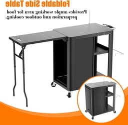 Grill trolley met opklapbare zijtafel, multifunctionele buitenkeuken met opbergruimte en wielen, 143 x 37 x 89 cm — thumbnail 4