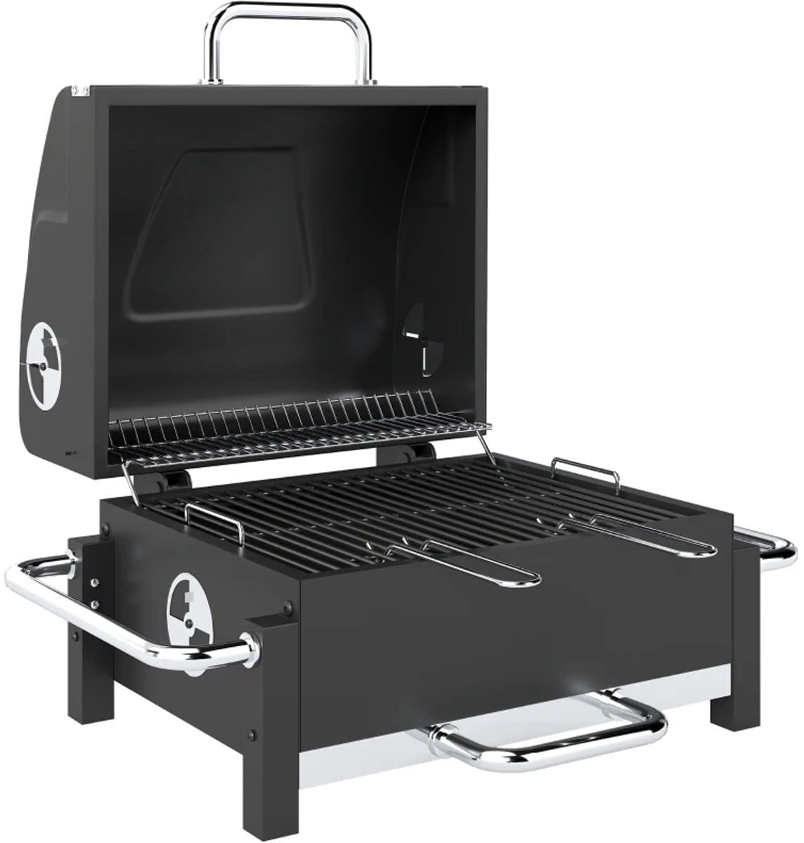 Premie Stalen Houtskool Barbecue - Smoker Barbecue - Draagbare Houtskoolgrill - met Deksel, Verstelbare Ventilatie, Houtskoolbak met 2 Niveaus, Thermometer - BBQ voor Kamperen, Buiten, Tuin - 74,5 x 54 x 46 cm - Zwart — afbeelding 1