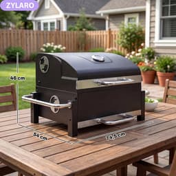 Premie Stalen Houtskool Barbecue - Smoker Barbecue - Draagbare Houtskoolgrill - met Deksel, Verstelbare Ventilatie, Houtskoolbak met 2 Niveaus, Thermometer - BBQ voor Kamperen, Buiten, Tuin - 74,5 x 54 x 46 cm - Zwart — thumbnail 2