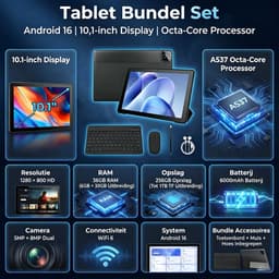 X6PROL Tablet 10.1 inch - 6GB RAM + 256GB opslag - Octa-core - Android 16 - Inclusief Hoesje, Toetsenbord, Muis & Koptelefoon - WiFi 6 - Zwart — thumbnail 3