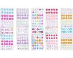 5 Bladen Stick-on Oorbellen voor Meisjes - 3D Edelstenen, Zelfklevende Strass Stickers in Meerdere Kleuren en Vormen