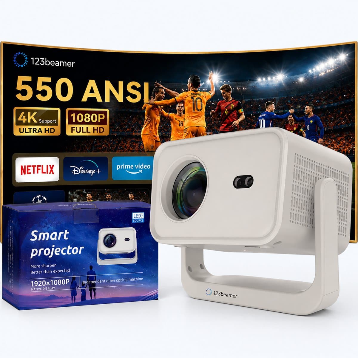 123Beamer - A3 - Prjoector - 10.000 Lumen - Full hd 4K - Android 13 — afbeelding 1