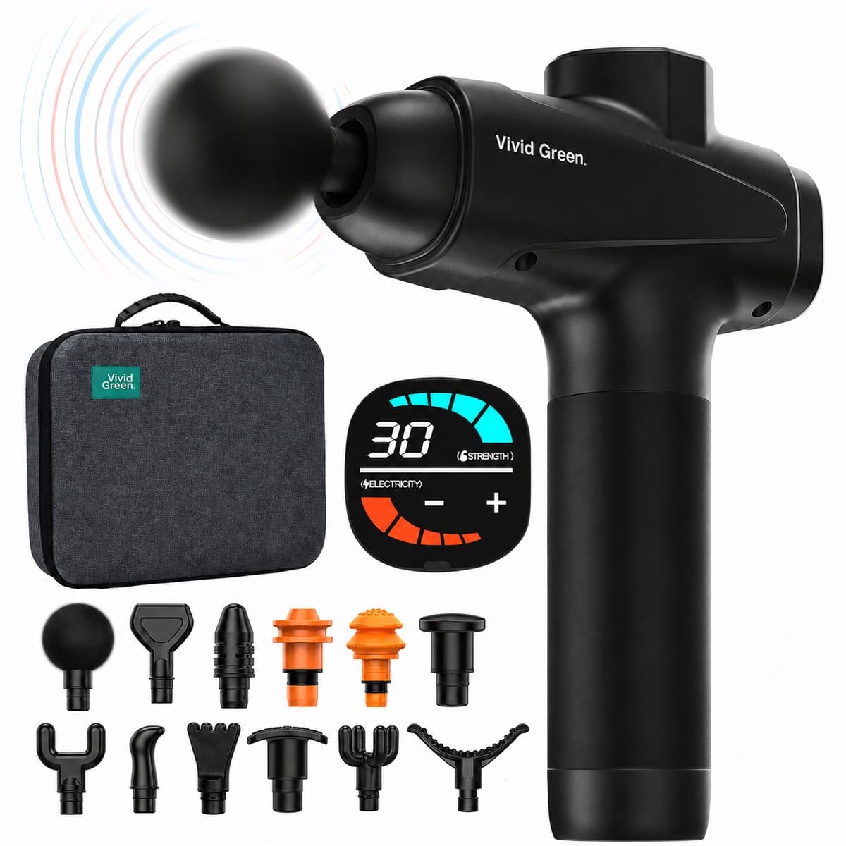 Vivid Green - Pro Massage Gun 12 Accessoires - Apparaat - Sport en Relax Massage - Draadloos � Professioneel - 12 mm - 2500 mAh � Zwart — afbeelding 1