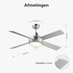 Plafondventilator 130 cm met verlichting en afstandsbediening - 3 snelheden, zilver — thumbnail 2