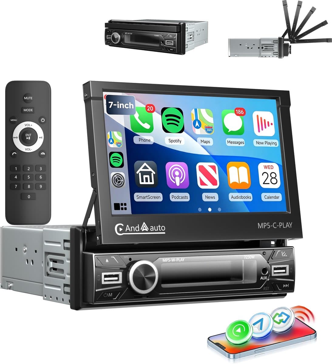ESSGOO 1Din Autoradio - 7 Inch IPS HD Elektrisch Uitschuifbaar Scherm - Apple Carplay & Android Auto (Draadloos) - Bluetooth, Aux, USB, SD & MP5 — afbeelding 1