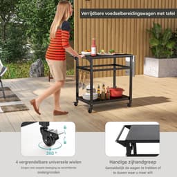 Buitenkeuken op Wielen – BBQ Trolley – Met Opbergkast & Planken – Werktafel voor Buiten – Hout & Metaal – Multifunctioneel – Zwart — thumbnail 3