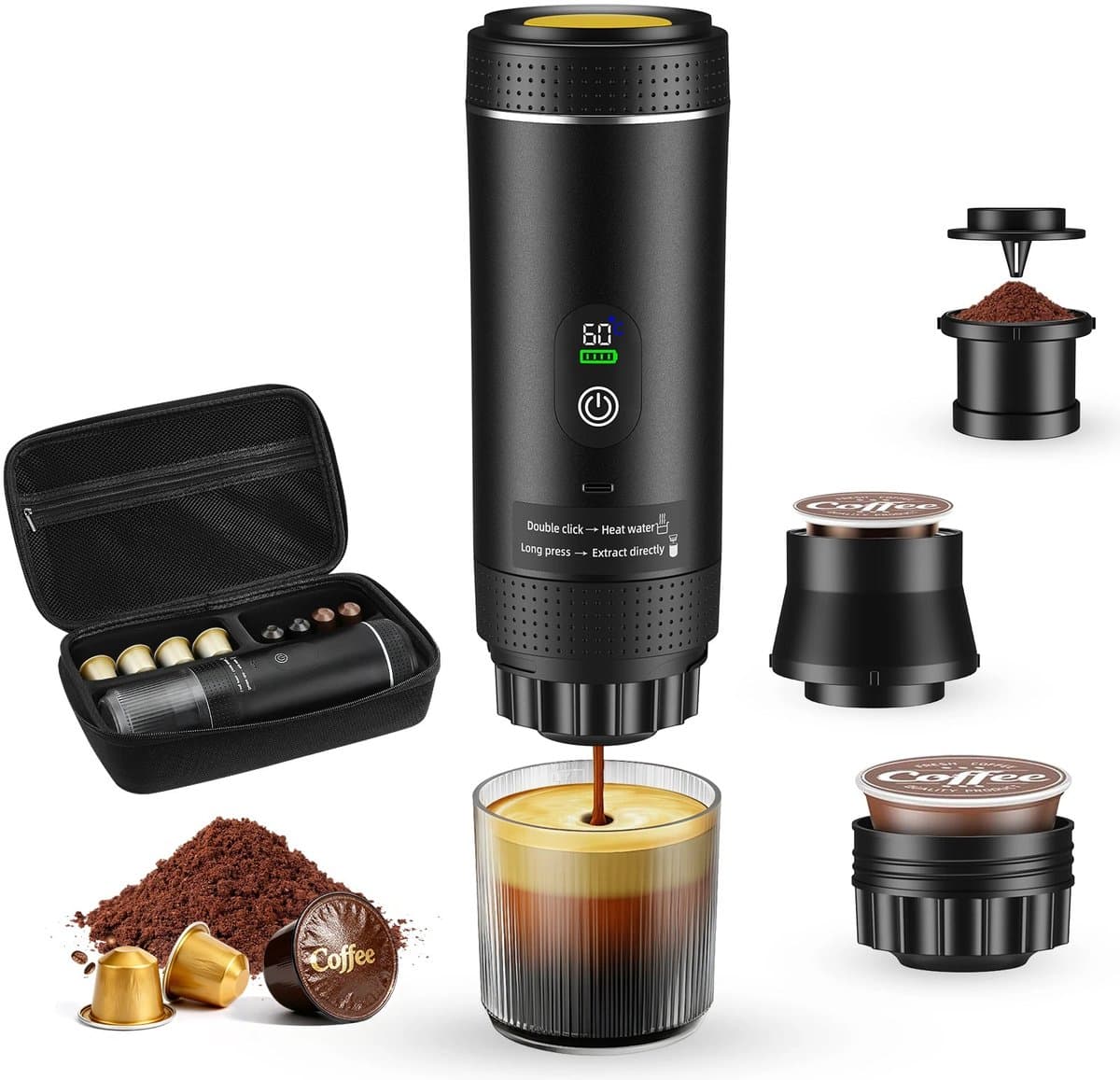 Novendo Goods - Draagbare espressomachine 3-in-1 met batterij - Mini koffiezetapparaat 20 bar met display - Geschikt voor Nespresso Dolce Gusto en gemalen koffie - Voor auto , camping en thuis** — afbeelding 1