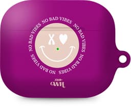 xoxo Wildhearts hoesje geschikt voor Airpods Pro 1 / Pro 2 - No Bad Vibes - Ook als telefoonhoesje verkrijgbaar - schokbestendige case geschikt voor Airpod Pro (2) - koptelefoon case - Hoesje met smiley face - emoji - paars — thumbnail 1