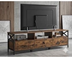 TV-meubel 178x40x50 cm – Industrieel TV-kast voor 80 inch televisie met 3 stoffen lades en open vakken, stalen frame, vintage lowboard voor woonkamer – Bruin Zwart | Yesdeals