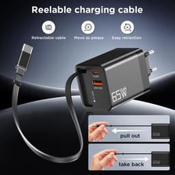 USB-C-oprolbare oplader 65 W, oprolbare oplaadkabel, voedingsadapter (inclusief kabel), 3 poorten, oprolbare oplader, snellader Geschikt voor op reis — thumbnail 5