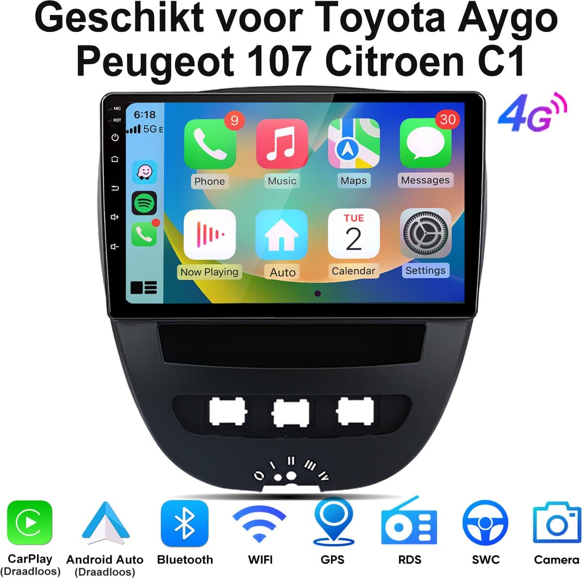 JUNSUN Plug & Play Draadloos Carplay & Android Auto Autoradio - Geschikt voor Toyota Aygo Peugeot 107 Citroen C1 - Android 15 - 8+256GB - GPS-Navigatiesystem, Bluetooth, WIFI & 4G, RDS, FM, 10,1-inch Touchscreen, DSP + EQ, DAB+, Octa-core processor — afbeelding 1