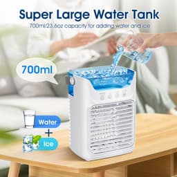 3-in-1 Miniventilator – 21 × 16,5 × 12,2 cm – Luchtkoeler - Luchtbevochtiger – Voorzien van 700 ml watertank met vulopening aan de bovenzijde – Draagbare – Nachtlampje met 7 kleuren – Timerfunctie (2/4/6 uur) – Fluisterstille werking – Wit — thumbnail 2