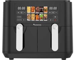Turbotronic Airfryer XXL DualChef - 9L - 1600W - Heteluchtfriteuse - Dubbele Mand - 2 x 4.5L - 50ºC tot 200ºC - 10 Kookprogramma's - Zwart