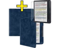Hoes Geschikt voor Kobo Libra Colour - E-reader Leren Case Sleep Cover Leer Met Screenprotector - Hoes Geschikt voor Kobo Libra Colour Hoesje E-reader Leer - Donkerblauw