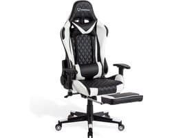 FOXSPORT verstelbare gaming chair - PC-bureaustoel met voetsteun - hoogte en helling verstelbaar - met hoofdsteun en lendensteun - gamingstoel voor kantoor - Wit