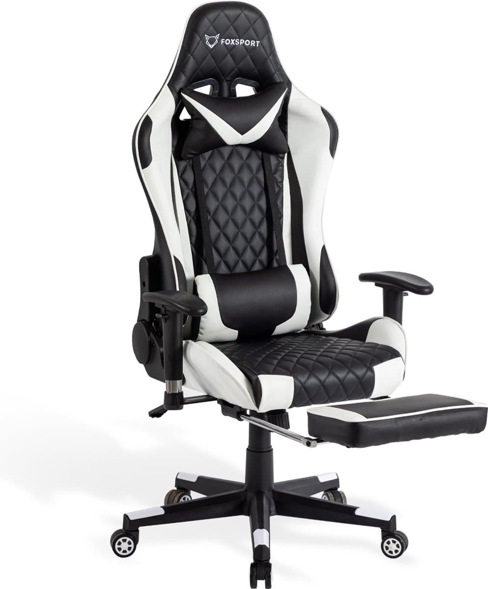 FOXSPORT verstelbare gaming chair - PC-bureaustoel met voetsteun - hoogte en helling verstelbaar - met hoofdsteun en lendensteun - gamingstoel voor kantoor - Wit — afbeelding 1
