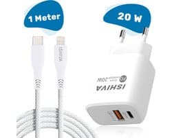 ISHIVA USB C Adapter Oplader USB stekker - USB-C naar Lightning Kabel - 20W Snellader - Oplader - 2 jaar Garantie - Wit - 1 meter
