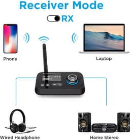 Naova® BT17 Bluetooth 5.3 Audio Adapter met LCD Scherm - 3-in-1 Transmitter Receiver voor TV, Hoofdtelefoon en Luidsprekers - 3.5mm Aux, RCA, Optische Kabel - Dubbele Koppeling — thumbnail 3
