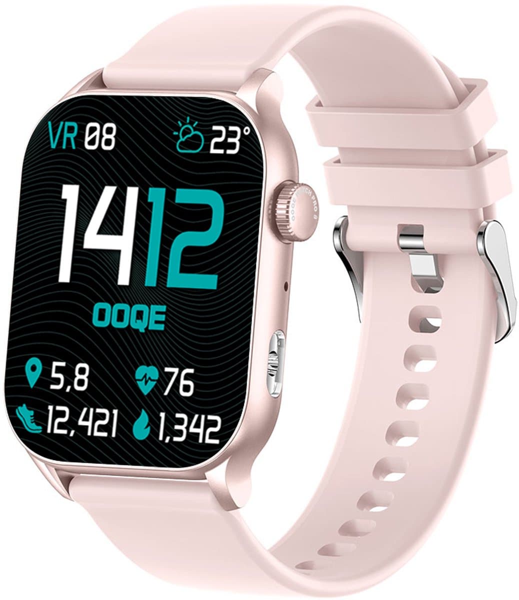 OOQE WATCH PRO 8 - Smartwatch Heren en Dames | Geschikt voor iOS en Android | AMOLED | Notificaties | Gezondheidsanalyse | Sportanalyse | GPS Koppeling | Bellen | Muziek/Audio Luisteren | Ergonomisch | Nederlandstalig | Roze — afbeelding 1