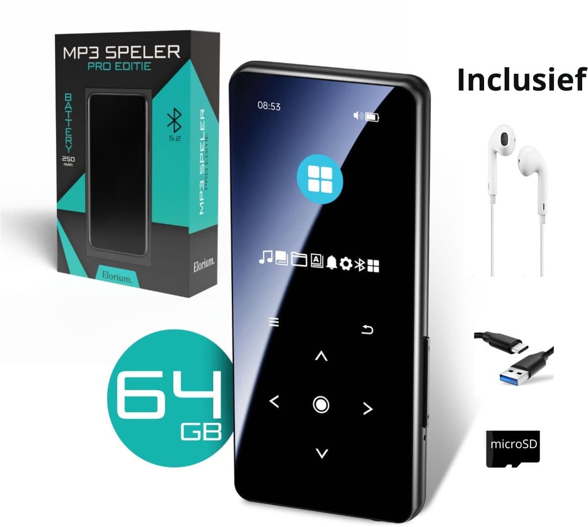 Draagbare Bluetooth MP3-Speler -Inclusief oordopjes, lader & microSD - Touchscreen, Offline, Zwart, Bluetooth 5.2 — afbeelding 1