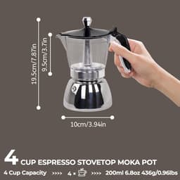 200ml Transparante Kunststof Moka Pot met Roestvrijstalen Onderdelen - 4 Kopjes, Italiaans Klassiek Fornuis Espressomachine, Geschikt voor Thuis, Kamperen & Reizen — thumbnail 4
