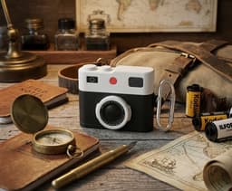 Zwart wit hoesje voor oordopjes unisex in retro camera vorm met karabijnhaak geschikt voor AirPods 4 met reliëf details en compact ontwerp — thumbnail 2