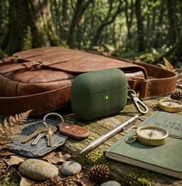 Luxe geribd hoesje voor oordopjes – Vertical Stripe design met sleutelhaak, geschikt voor AirPods 4 (Groen) — thumbnail 2
