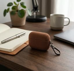 Luxe geribd hoesje voor oordopjes – Vertical Stripe design met sleutelhaak, geschikt voor AirPods 4 (Bruin) — thumbnail 3