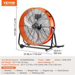 VEVOR Trommelventilator Vloerventilator Staande Ventilator 3 Snelheden 145W Incl. Timer — thumbnail 3