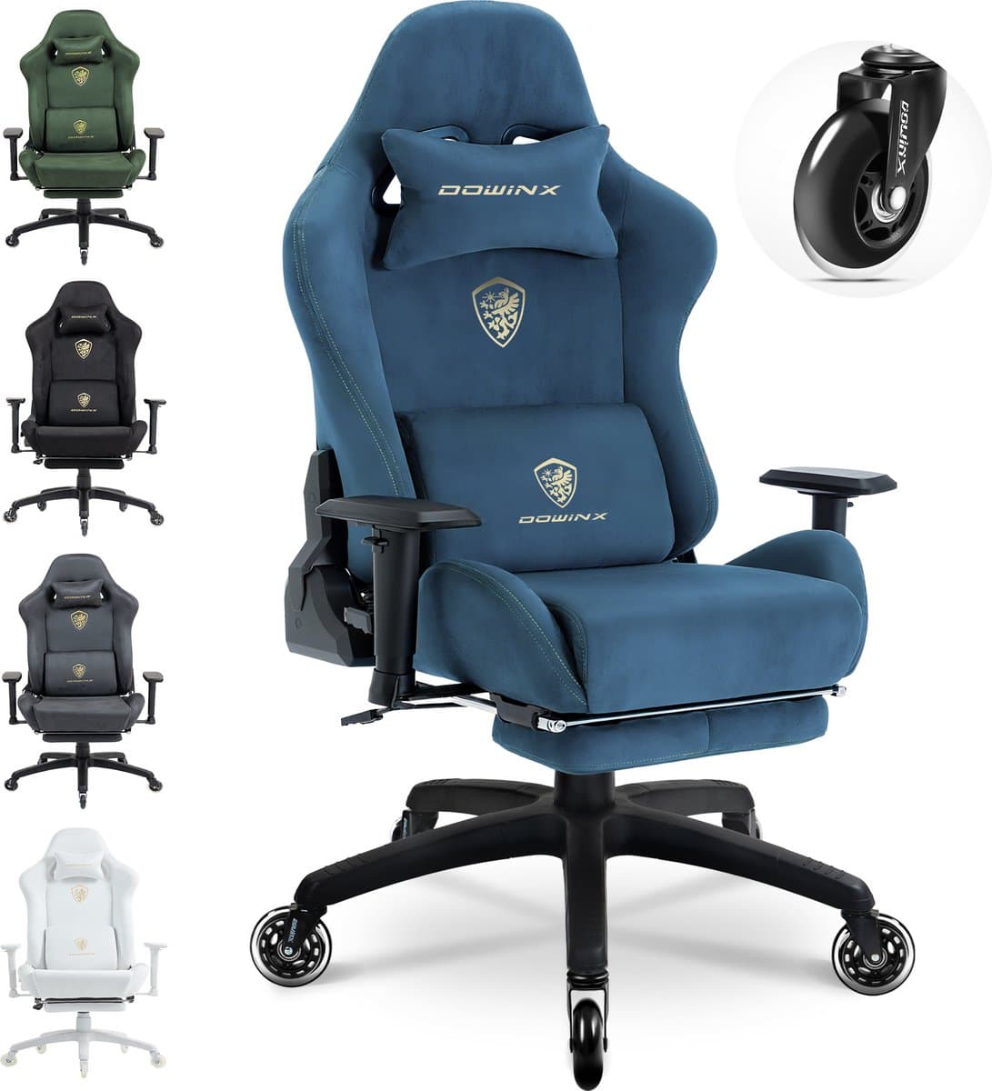 Dowinx Ergonomische Gamingstoel – Verstelbaar Massage-Lendenkussen – Microvezel Velours – Dik Zitkussen – Uitschuifbare Voetensteun – Verstelbare Armleuningen – 160° Verstelbare Rugleuning – blauw — afbeelding 1