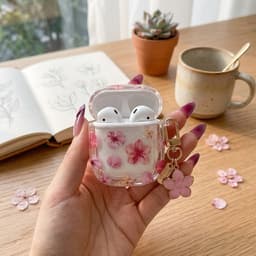 Transparant roze hoesje voor oordopjes dames met bloemen patroon en decoratieve hanger geschikt voor AirPods 4 met ronde vorm en goudkleurige clip — thumbnail 5
