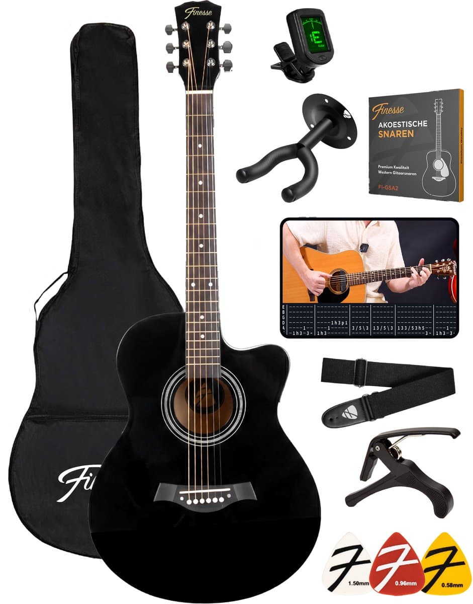 Finesse Akoestische Gitaar - met Videocursus - 4/4 40" - Western Gitaar - Gitaar Kind & Volwassenen - Zwart — afbeelding 1